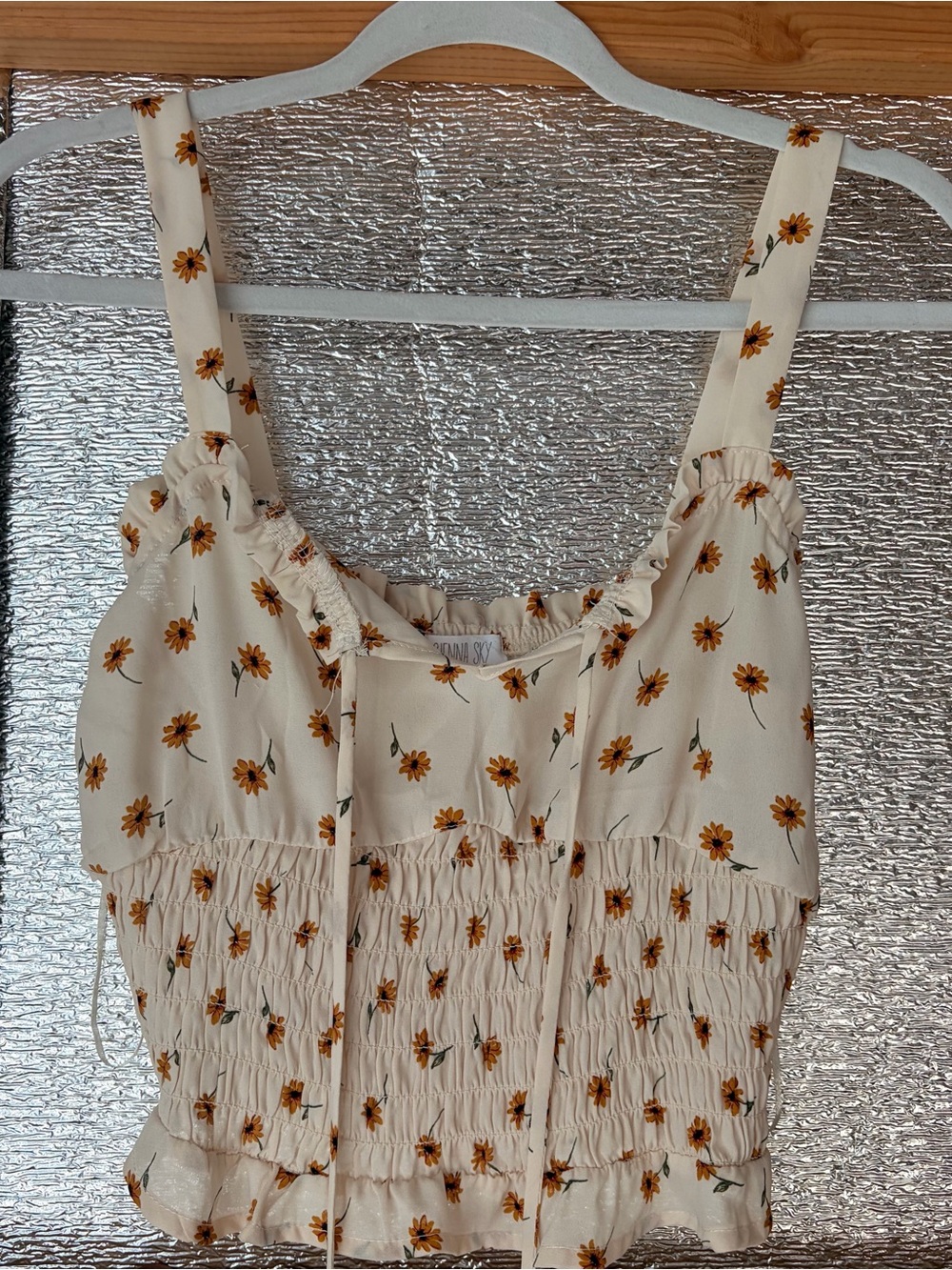Sienna Sky Women’s Tank Top Crop Cream Ditsy Sunflower Ruffle Size Small